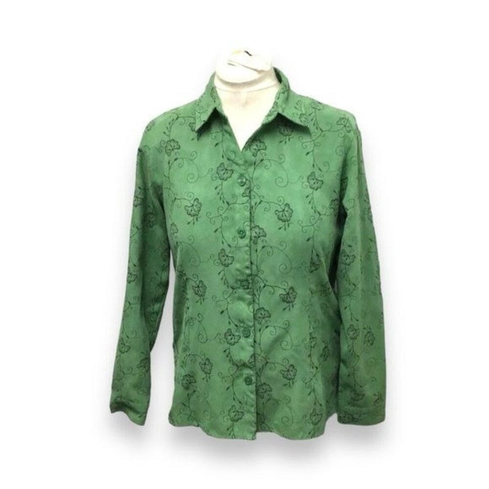 Sag Harbor Women’s Long Sleeve Collar Button Down Texture Shirt/Jacket Green L